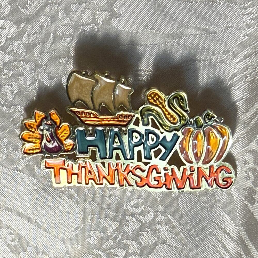 Vintage I Love To Teach Happy Thanksgiving Enamel Gold Tone Brooch Pin